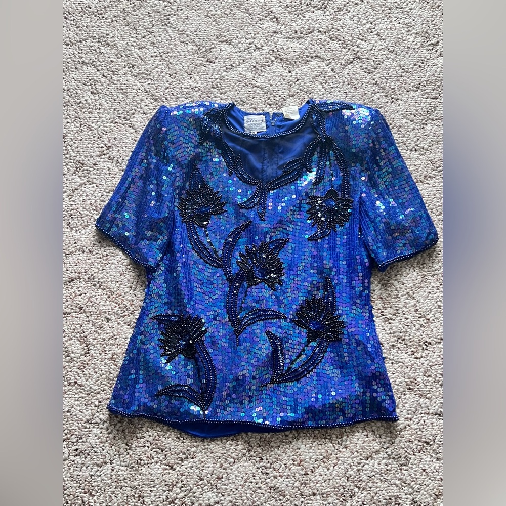 Vtg GLAM ROCK Blue Silk Sequin Beaded Top W/ Floral Design - M